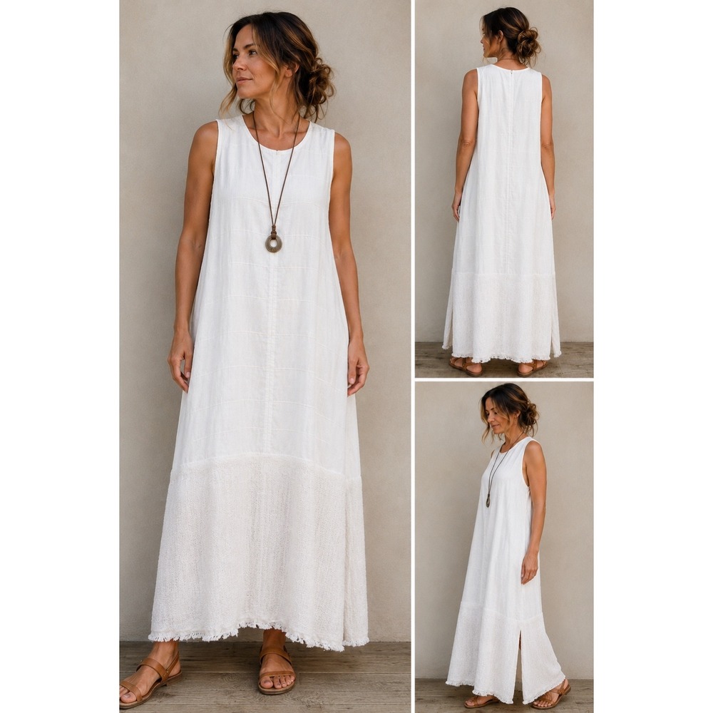 HK Designs Ivory Linen/Cotton Textured Maxi Dress Boho Fringe Hem Side Slits M/L